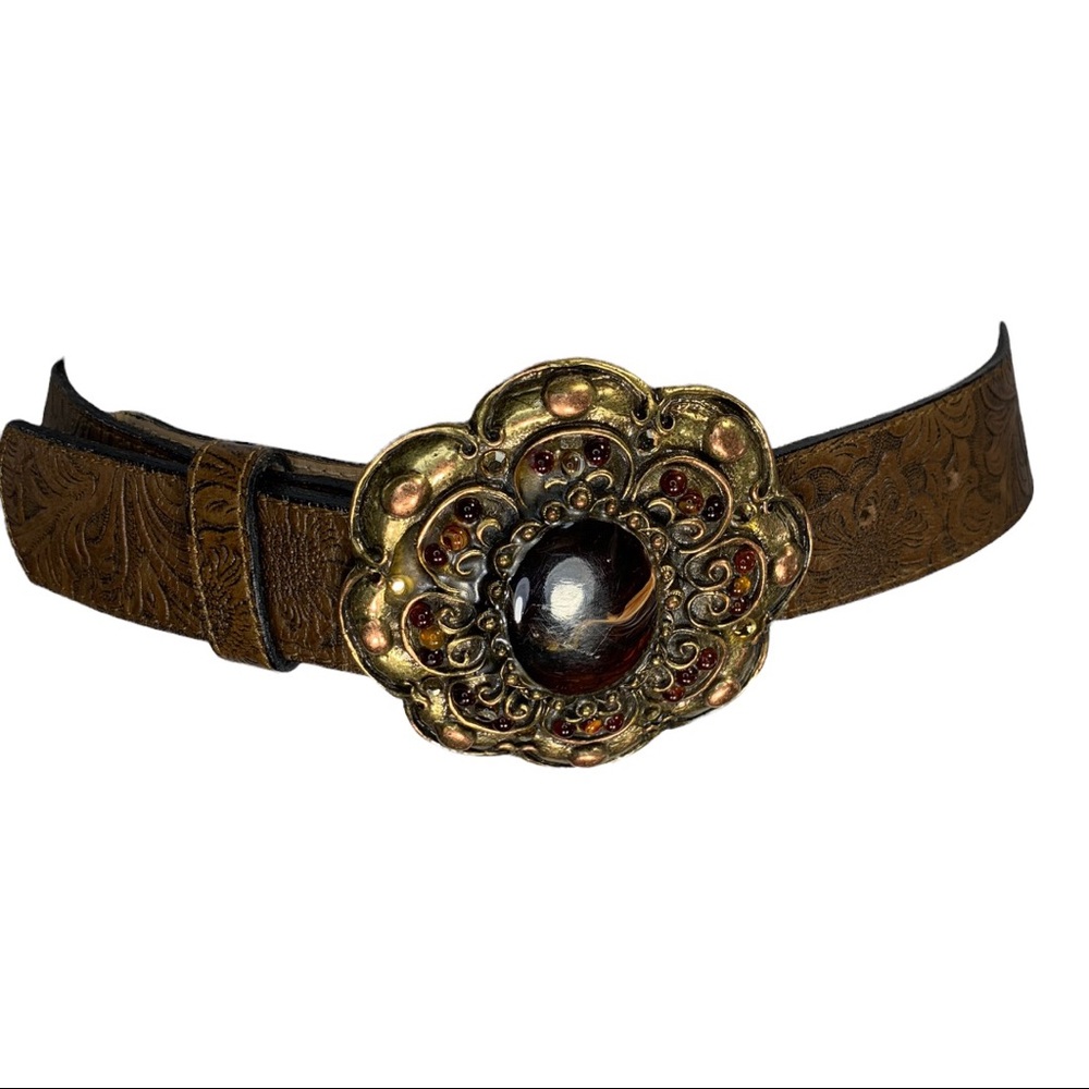 Leatherock Brown Leather Belt with Ornate Gold Floral Buckle and Amber Cabochon